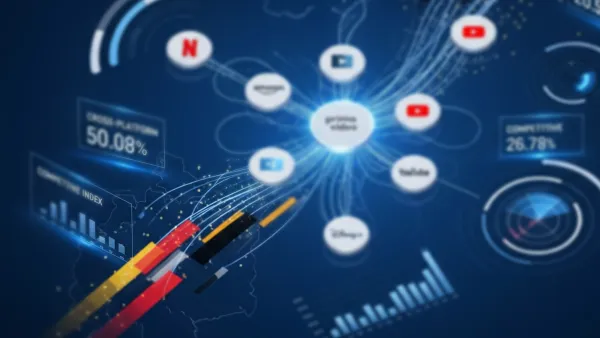 Connected TV advertising analytics dashboard showing streaming platforms with German flag data visualization and Nielsen intelligence metrics.