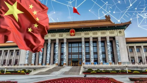 China's government building with digital network overlay representing new DPO registration system for data protection.