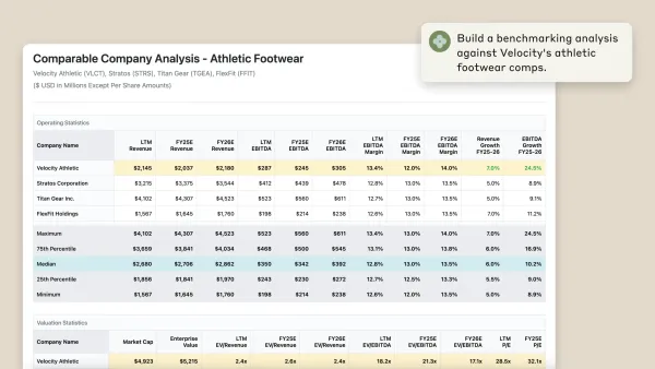 Claude's Financial Analysis Solution enables comprehensive competitive benchmarking across athletic footwear companies like Velocity Athletic.