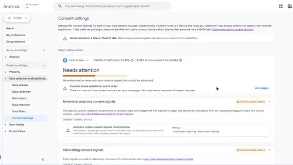 Google Analytics consent settings hub showing diagnostic alerts for EEA traffic and consent signal issues.