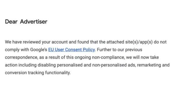 Google email notification disabling ads tracking for EU advertisers without consent mode v2 compliance.