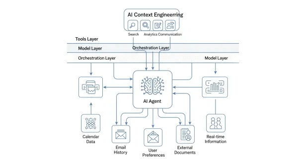 AI context engineering architecture diagram showing data flows between agent layers and tools