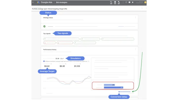 Google Ads bid strategy report showing conversion delay indicator affecting campaign performance evaluation and scaling decisions.