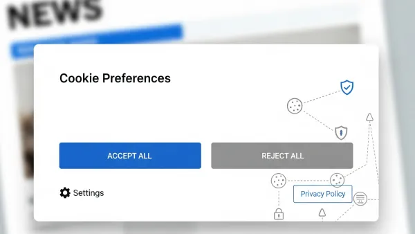 GDPR-compliant cookie banner showing equal Accept All and Reject All buttons on Dutch news website interface