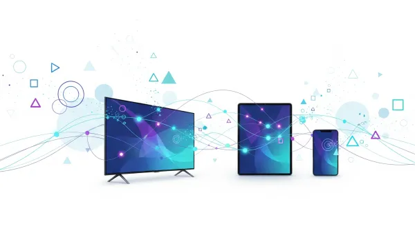 Cross-platform TV measurement technology connecting smart TV, tablet and mobile devices with data analytics visualization on white background.