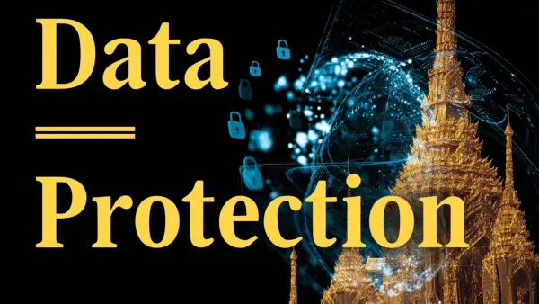 Cambodia's data protection law merges traditional Angkor Wat architecture with modern digital security symbols.