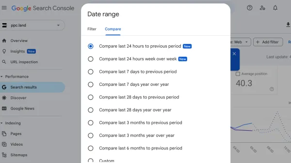 Search Console comparison mode interface showing 24-hour performance data options with new temporal analysis features.