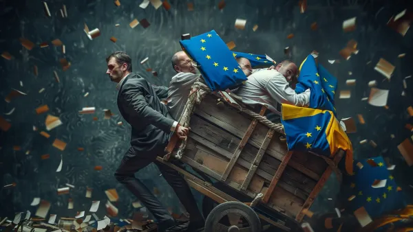 Businessman struggling to pull cart of EU bureaucrats amid flying paperwork
