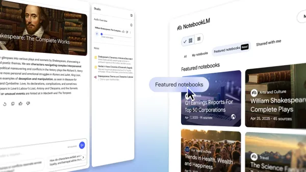 NotebookLM featured notebooks interface showing Shakespeare, earnings reports, and travel guides sections.