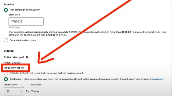 Monty Weber screenshot shows LinkedIn frequency cap settings with 10 impressions per 7 days