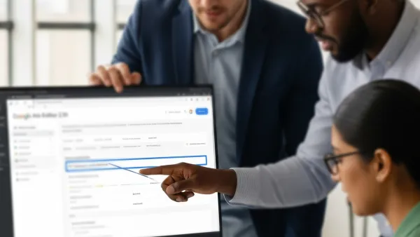Marketing professionals analyzing Google Ads Editor 2.10 Performance Max campaign settings in office meeting.