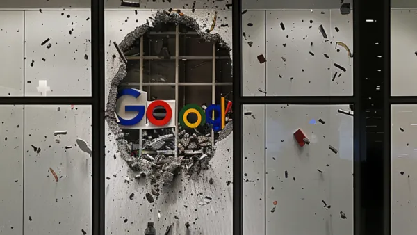 Google logo breaking through office wall amid debris, symbolizing disruptive AI search changes affecting publishers.