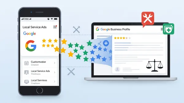 Google Local Service Ads reviews migrating to Business Profile dashboard with star ratings flowing between devices