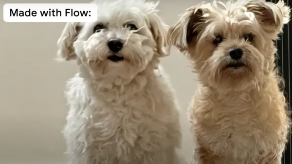 AI-generated video of two small dogs created using Google's Flow platform with Veo 3 technology for filmmakers.