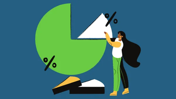 Woman cuts pie chart with scissors showing workforce reduction percentages in business layoffs