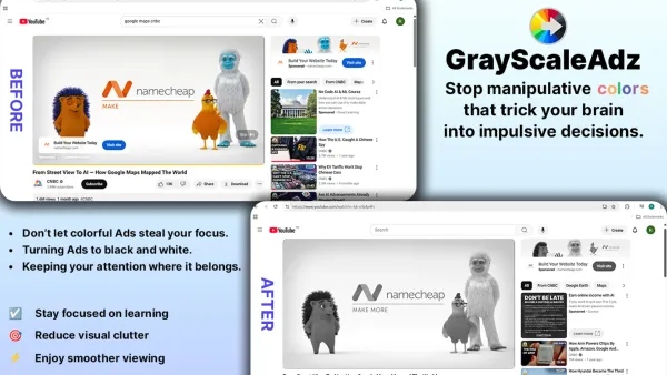 GrayScaleAdz Chrome extension demo showing colorful YouTube ads converted to grayscale for distraction-free browsing