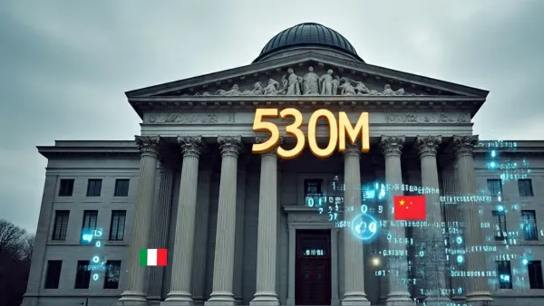 Digital data streams flow around Irish courthouse with €530M fine for TikTok's China data transfers.