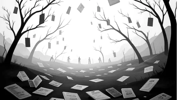 Scattered ID documents and shadowy figures illustrate identity theft risks from data breaches like Tea app.