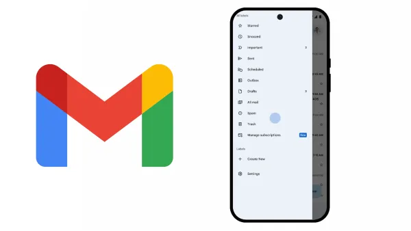 Gmail mobile app showing new "Manage subscriptions" feature with blue "New" label in navigation menu.