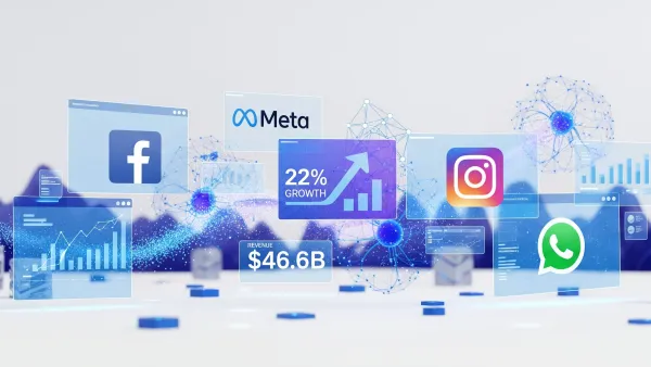 Meta's Q2 2025 earnings visualization showing 22% ad revenue growth to $46.6B with AI-powered platforms and data analytics charts