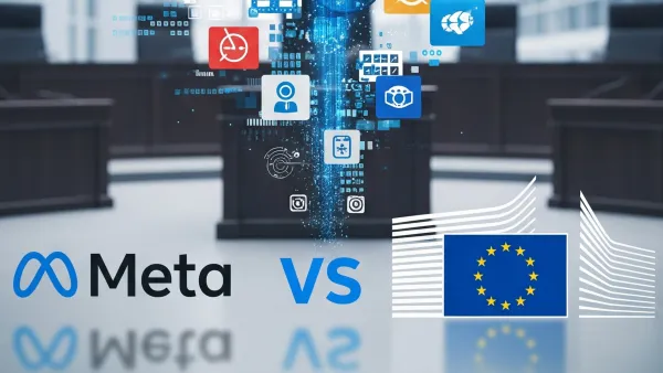 Meta logo faces off against EU flag amid digital data streams, representing DMA compliance dispute over ads.