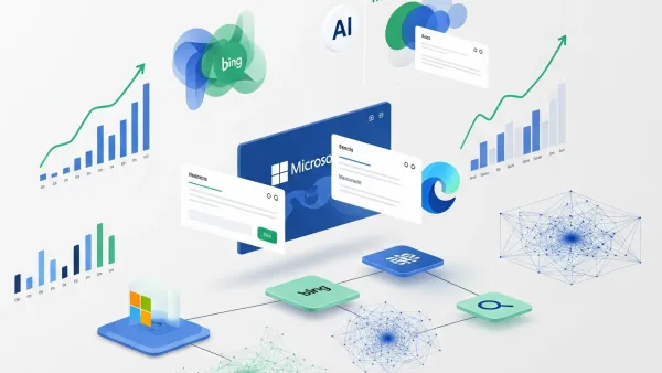 Microsoft search advertising AI technology with Bing, Edge browsers showing 21% revenue growth charts