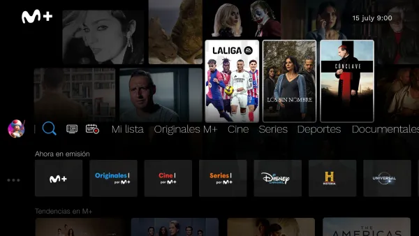 Movistar Plus+ interface on Titan OS showing content categories and LaLiga sports programming options
