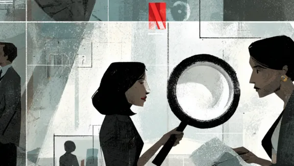 Netflix transparency concerns: Analysts with magnifying glasses unable to see through opaque financial data barriers.