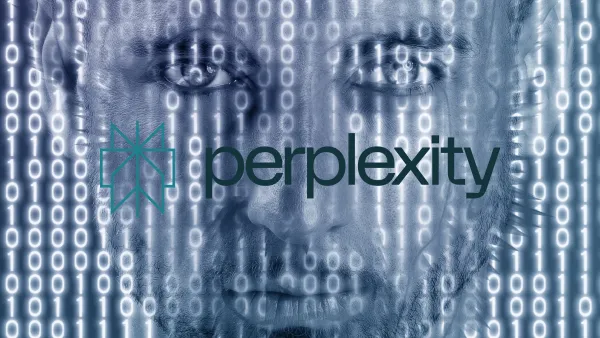AI-powered face with binary code overlay and Perplexity logo representing future of operating systems