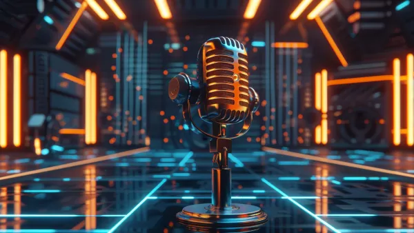 AI-powered podcast microphone in futuristic studio representing voice cloning technology for ads