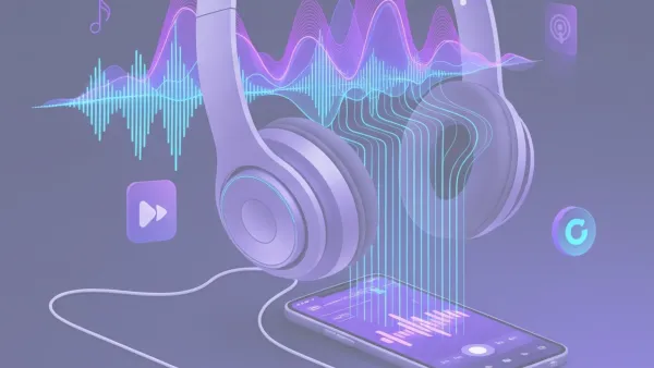 Professional illustration showing audio advertising technology with headphones, sound waves, and mobile analytics dashboard in purple gradient design.