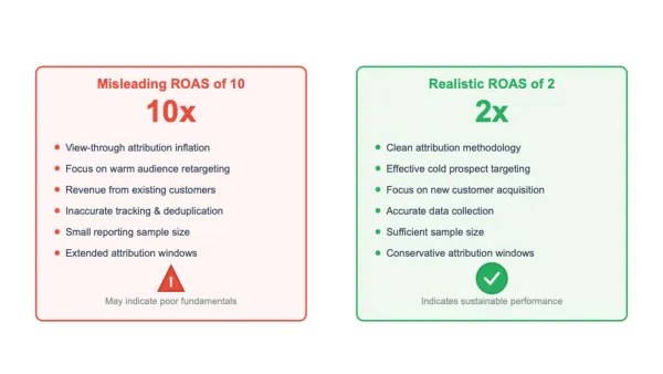 ROAS comparison showing why 2x return may indicate better Meta advertising performance than inflated 10x metrics.