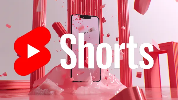 YouTube Shorts logo with smartphone displaying AI video creation tools in red-themed 3D environment
