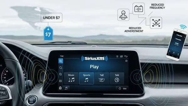 SiriusXM Play dashboard showing $7 ad-supported subscription with music, sports, talk channels in car