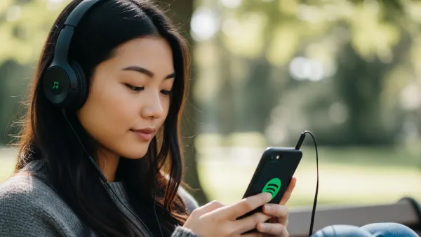 Young woman listening to Spotify podcasts with headphones, representing automated podcast advertising reach to 170M listeners