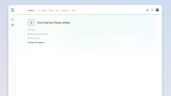 Google AI Mode interface processing document analysis with real-time thinking steps for slide summarization