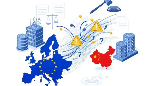 Data flows between EU and China servers with regulatory warning symbols and compliance oversight