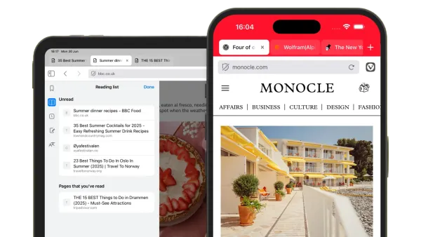 Vivaldi 7.5 mobile browser displaying reading list and web browsing on dual devices with enhanced UI
