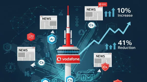 Vodafone telecoms tower with AI-powered brand safety tech connecting to news sites, showing 10% increase and 41% reduction metrics