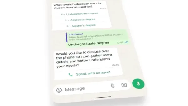 WhatsApp Business chat showing student loan inquiry with call button for voice escalation support
