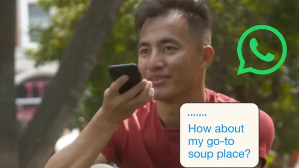 WhatsApp user testing new group voice chat feature for restaurant recommendations and social planning conversations.