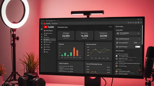 YouTube creator workspace showing Partner Program monetization dashboard with revenue analytics and policy compliance indicators for authentic content creation.