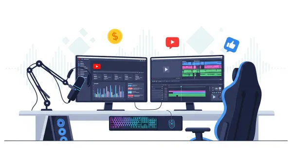 YouTube creator workspace with dual monitors showing analytics and video editing for content monetization setup.