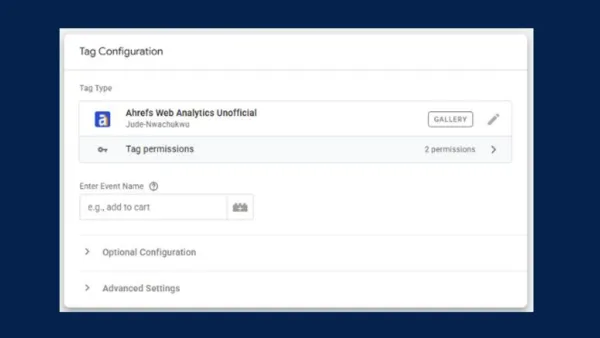 GTM interface showing Ahrefs Web Analytics Unofficial template configuration with event tracking setup