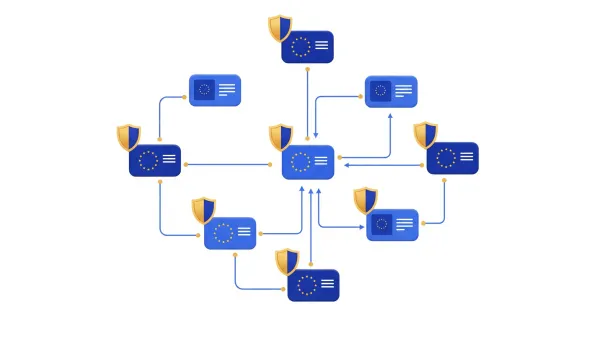 EU blockchain network with GDPR data protection shields showing regulatory compliance framework
