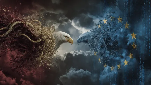 Two digital eagles representing USA and EU clash over data protection amid stormy clouds and binary code streams.