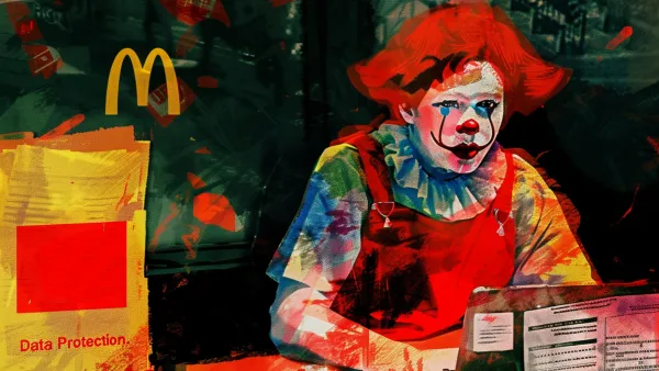 McDonald's clown mascot crying over GDPR data protection documents after €3.89M Polish fine for data breach.