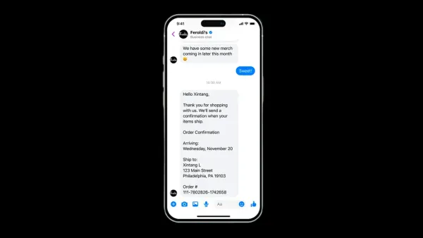 Business order confirmation message template displayed on Messenger mobile interface showing utility messaging