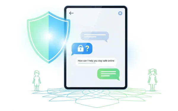 AI chatbot safety regulation concept showing digital protection shield and children with chat interface