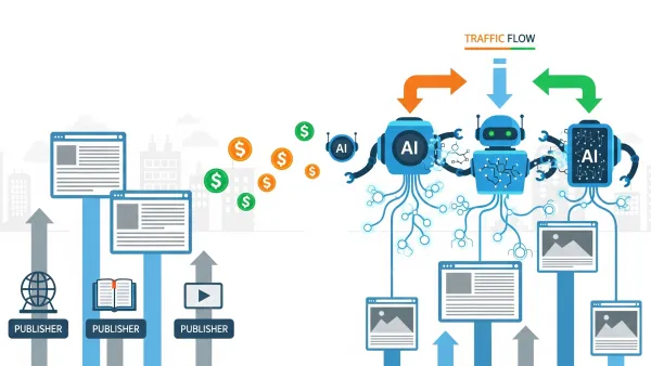 AI bots extracting publisher content while revenue flows to tech platforms, visualizing traffic shift